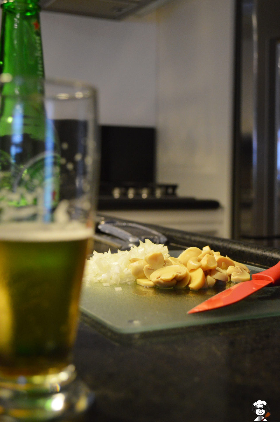 champignon, cebola e cerveja